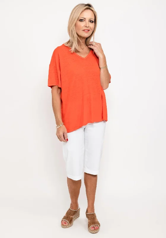 Seventy1 One Size V Neck Linen T-Shirt, Orange