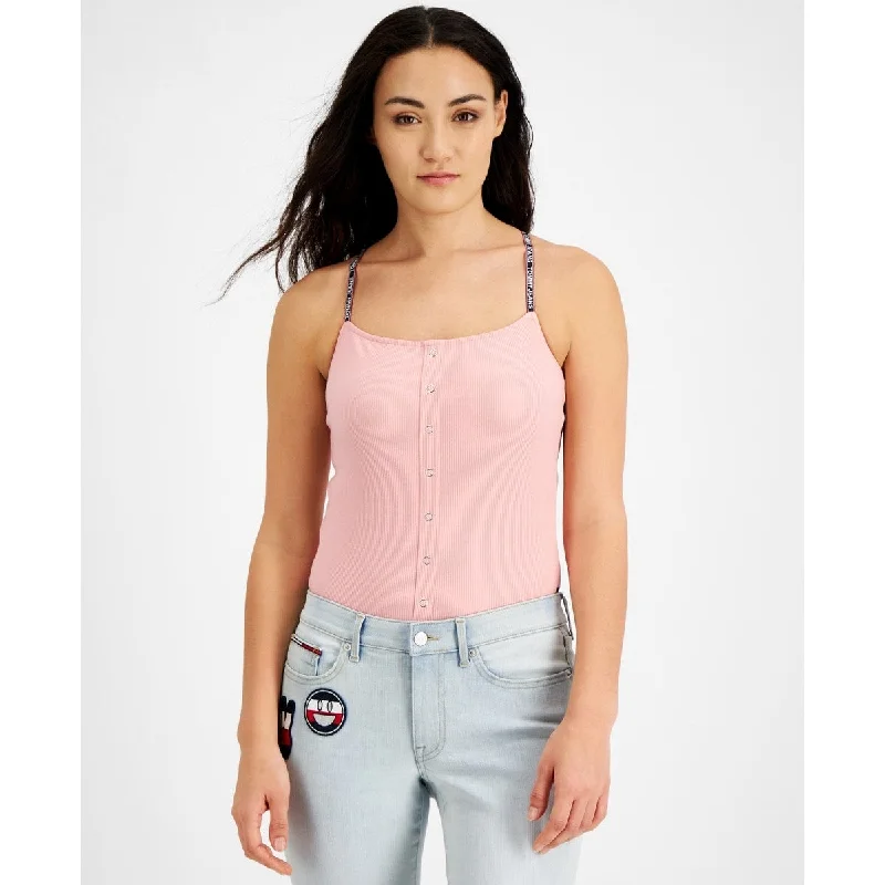 Tommy Jeans Women's Ribbed Spaghetti Strap Bodysuit Pink Size X-Small - XS