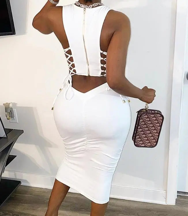 Fashionable Midi Bodycon Dress with Sexy Cut-Outs and Lace-Up Details