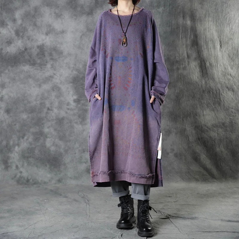 DIY Purple O-Neck side Open Print Fall Dress Long Sleeve