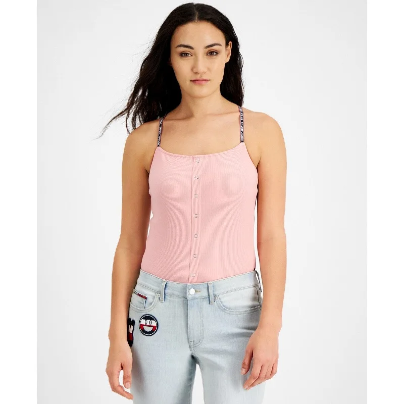 Tommy Jeans Women's Ribbed Spaghetti Strap Bodysuit Pink Size X-Large - XL