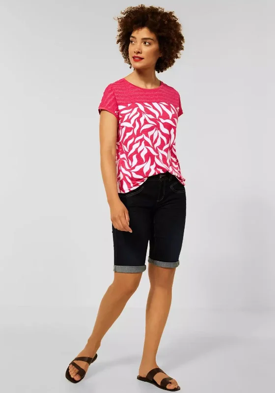 Street One Embroidered Neckline Leaf Print T-Shirt, Intense Coral