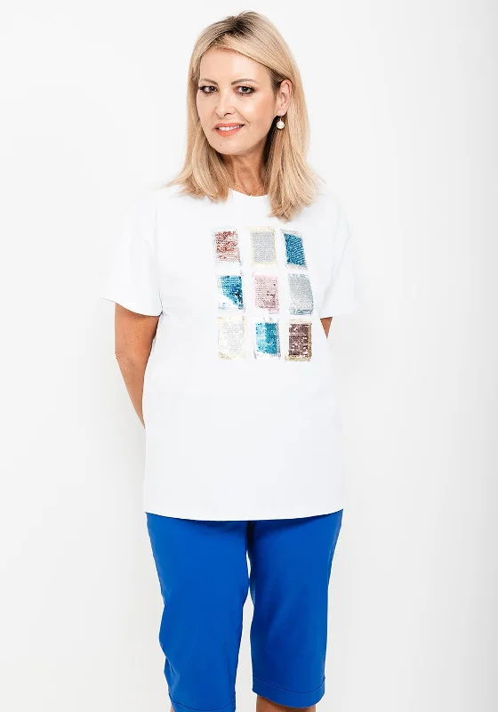 Seventy1 One Size Sequin Squares T-Shirt, White & Blue
