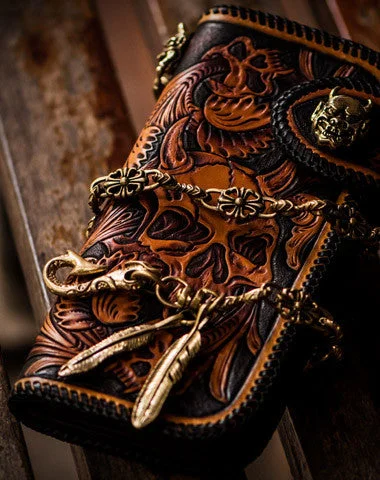 Handmade Skull leather biker trucker wallet leather chain men Brown Black Carved Tooled wallet Handmade Skull leather biker trucker wallet leather chain men Brown Black Carved Tooled wallet