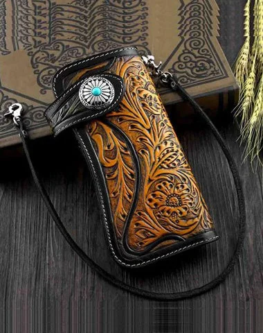 Handmade Tooled Black Leather Mens Biker Chain Wallet Long Biker Wallet with Chain for Men