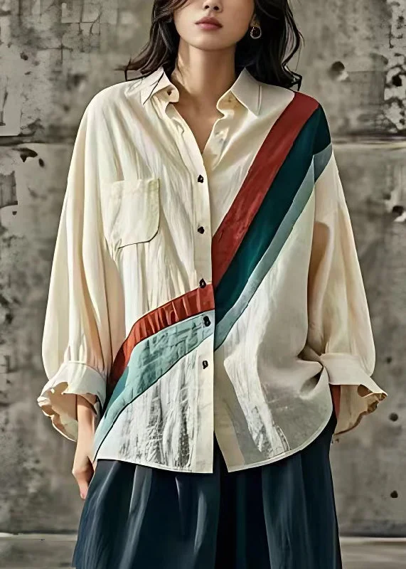 Women Apricot Peter Pan Collar Striped Patchwork Top Long Sleeve
