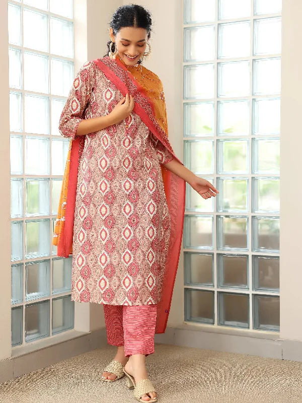 Mauve Printed Silk Blend Straight Suit With Dupatta