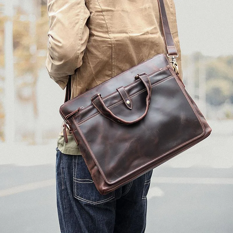 Vintage Dark Brown Mens Leather Briefcase Work Handbags Black 14'' Computer Briefcases For Men Vintage Dark Brown Mens Leather Briefcase Work Handbags Black 14'' Computer Briefcases For Men