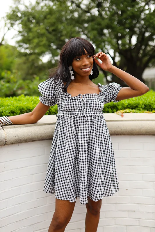 Jac Puff Sleeve Short Dress - Black Plaid