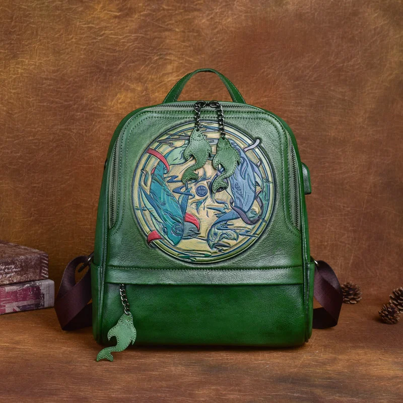 Handmade Ladies Green Leather Backpack With Built In Universal USB Port