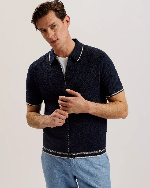 Rojor Short Sleeve Zip Through Textured Front Polo Navy