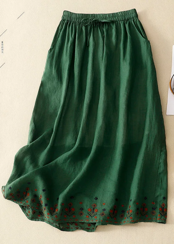 Vintage Green Embroidered Linen A Line Skirt Summer