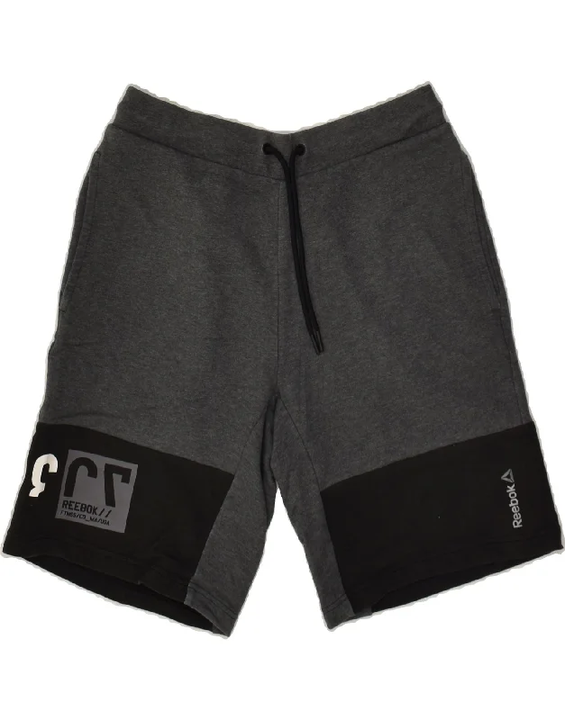 REEBOK Mens Graphic Sport Shorts Small Grey Colourblock Cotton