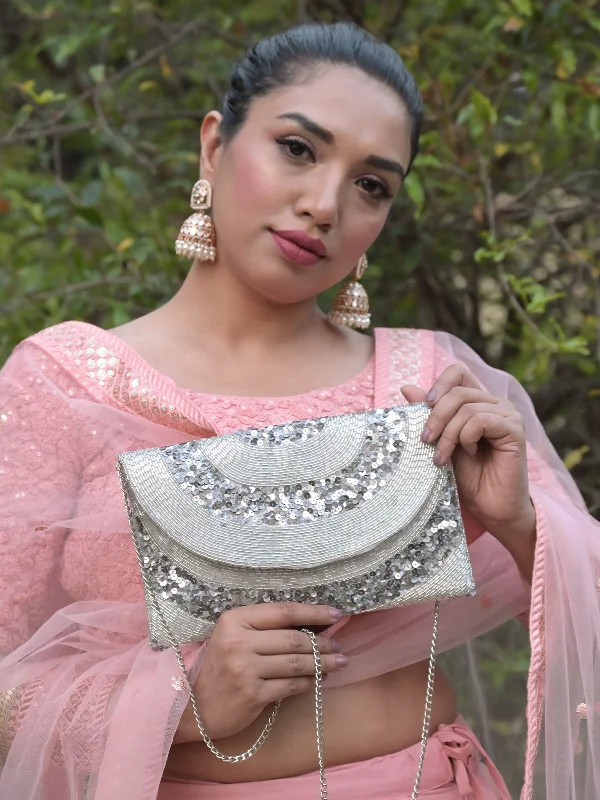 Odette Silver Beads and Sequins Embroidered Envelope Clutch for Women