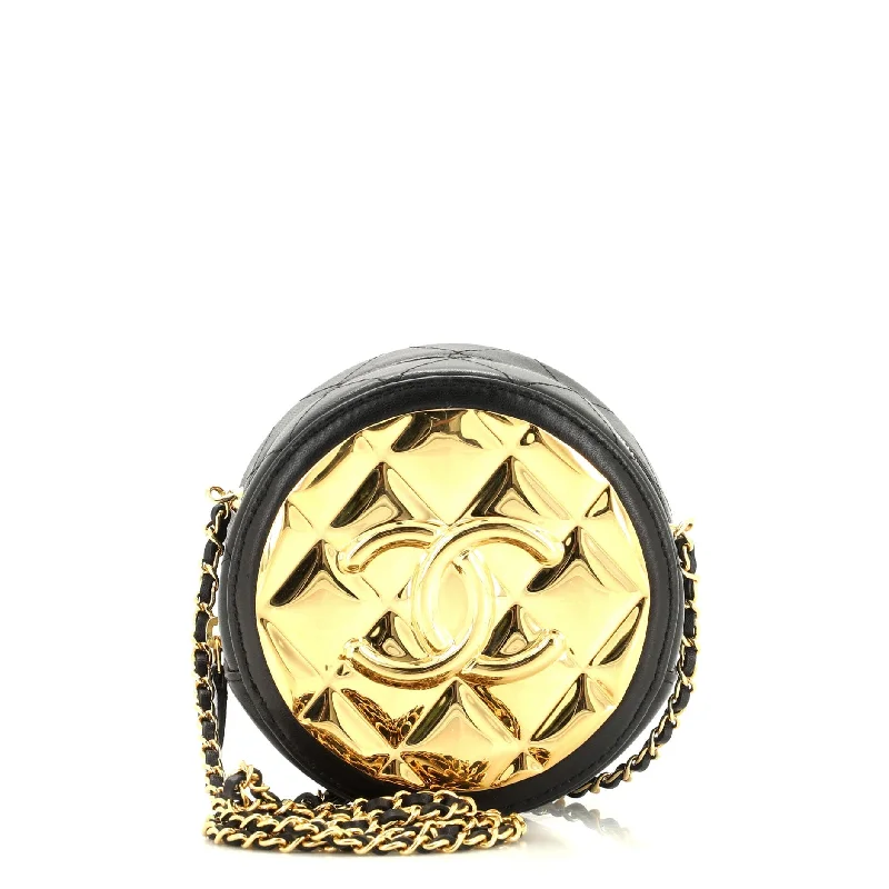 Golden Plate Round Clutch with Chain Quilted Metal and Lambskin Mini