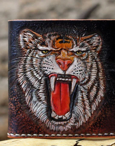 Handmade billfold leather wallet men tiger carved leather billfold wallet for men him Handmade billfold leather wallet men tiger carved leather billfold wallet for men him