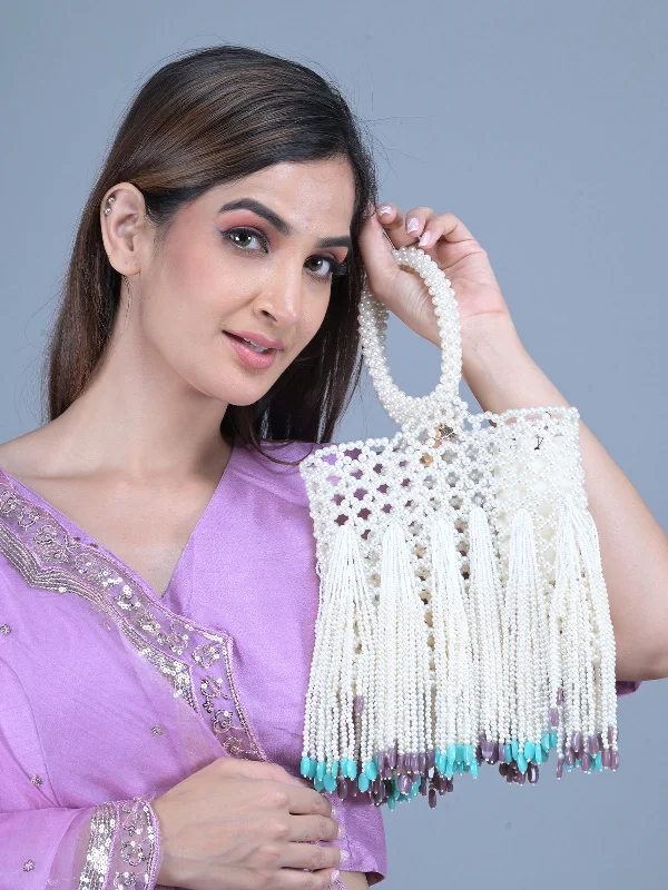 Odette White Pearls Embroidered Clutch for Women