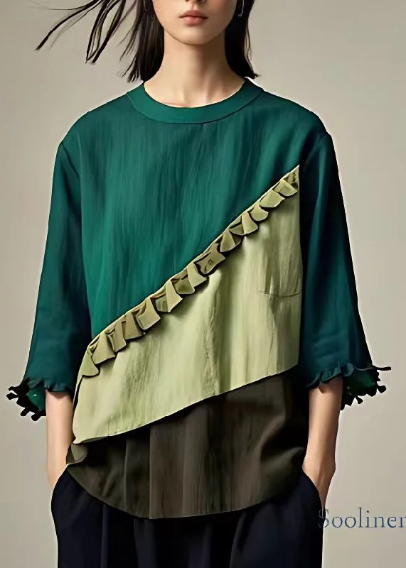Women Green O-Neck Ruffled Patchwork Top Bracelet Sleeve