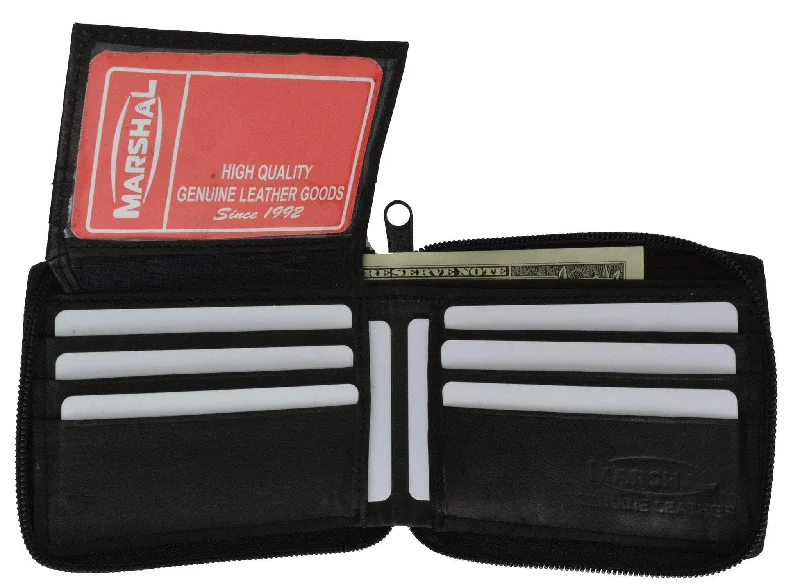 Mens Lamb Leather Zippered Bifold Flap up ID Wallet 1256