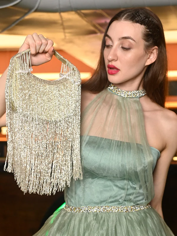 Odette Silver Cutdana Tassels Moon Clutch Bag For Women