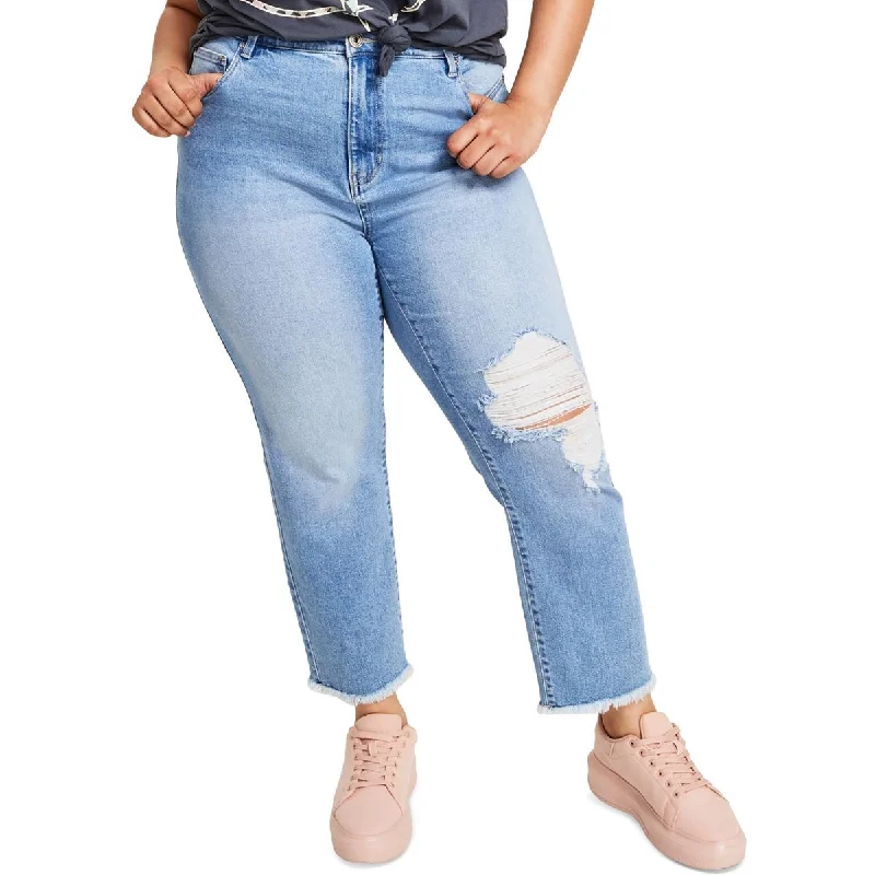 Celebrity Pink Womens Distressed Denim Straight Leg Jeans