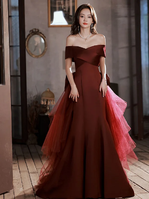 Burgundy Mermaid Sweep Train Long Prom Dress, Off Shoulder Satin Burgundy Evening Dress