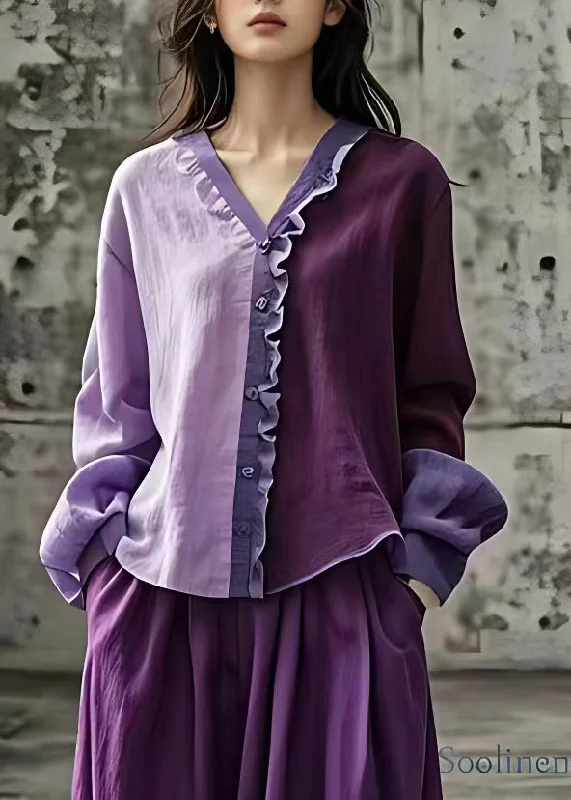 Women Purple V Neck Ruffled Patchwork Tops Long Sleeve