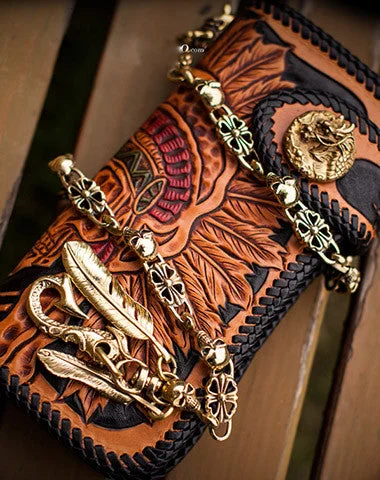 Handmade black leather indian skull carved biker wallet bifold long wallet for men Handmade black leather indian skull carved biker wallet bifold long wallet for men
