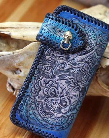 Handmade Tooled Chain Wallet biker wallet leather blue brown skull carved biker wallet Long wallet clutch for men Handmade Tooled Chain Wallet biker wallet leather blue brown skull carved biker wallet Long wallet clutch for men
