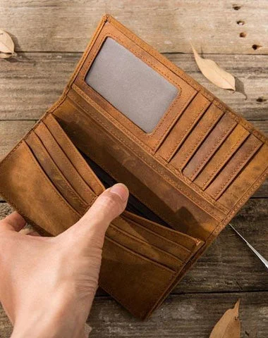 Vintage Slim Cool Mens long Wallet Leather Wallet Bifold Long Wallets for Men
