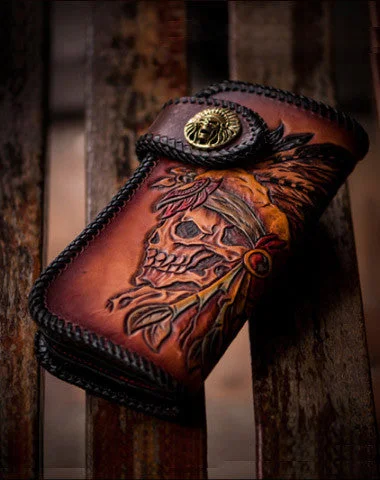 Handmade leather brown indian skull carved biker wallet bifold long wallet for men Handmade leather brown indian skull carved biker wallet bifold long wallet for men