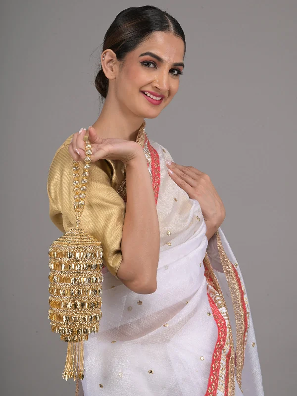 Odette Gold Embellished Cylindrical Metal Clutch for Women