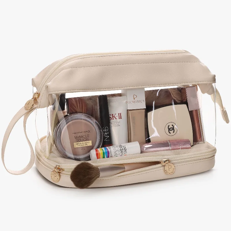 Pocmimut Double Layer Clear Leather Makeup Bag