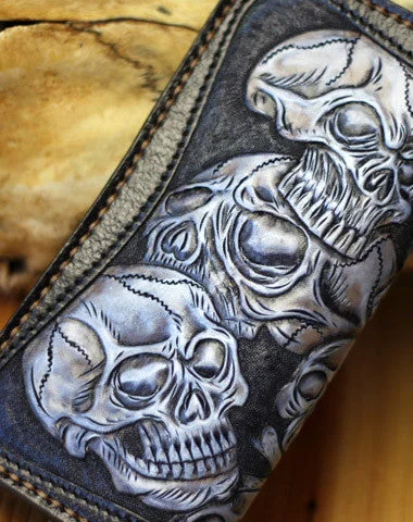 Handmade tooled biker wallet leather black blue skull carved chain wallet Long wallet clutch for men Handmade tooled biker wallet leather black blue skull carved chain wallet Long wallet clutch for men