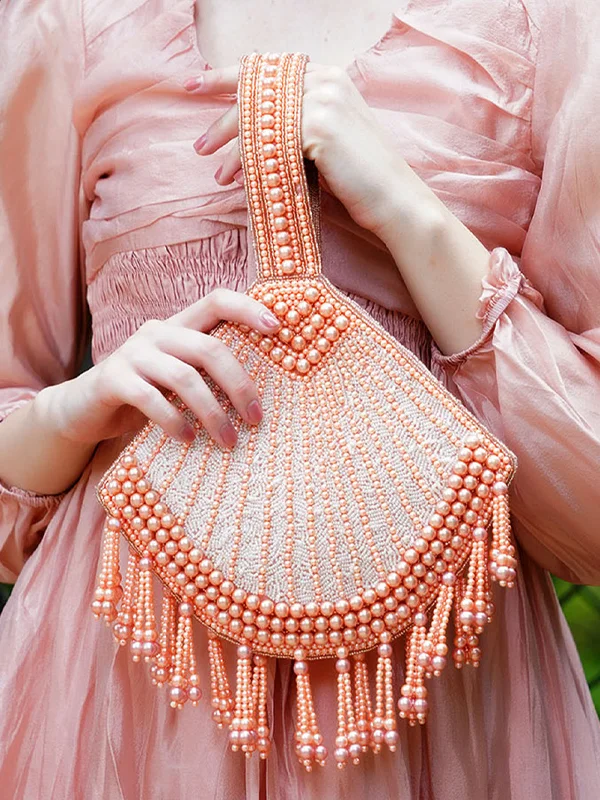 Odette Women Peach Fan Shaped Pearl Bag