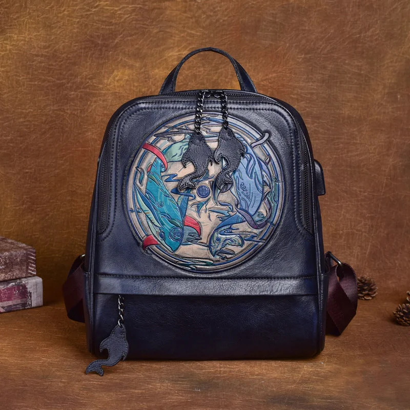 Designer Womens Black Backpack Purse Leather Rucksack With Built In Universal USB Port