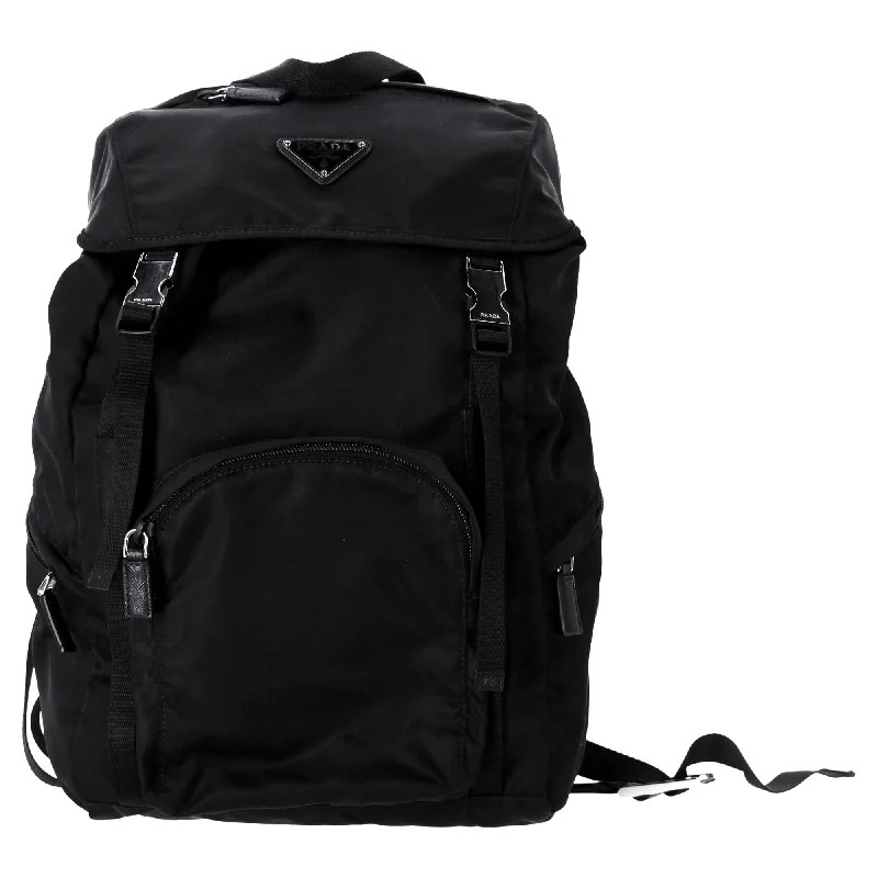 Prada Logo-Plague Double-Buckle Backpack in Black Nylon