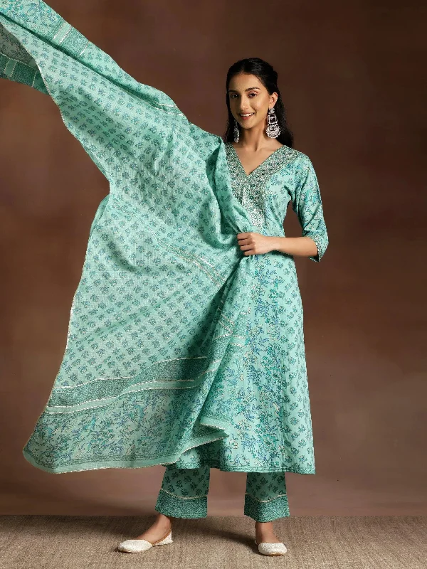 Turquoise Printed Cotton A-Line Kurta With Palazzos & Dupatta