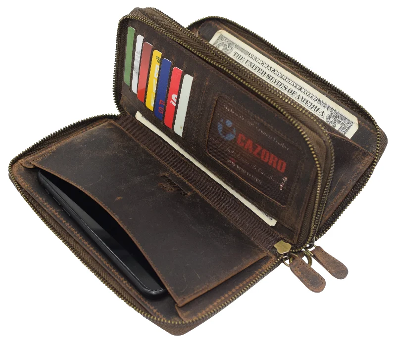 CAZORO Women's RFID Vintage Genuine Leather Wristlet Wallet Double Zipper Organizer Large Phone Pocket Wallets for Women CAZORO Women's RFID Vintage Genuine Leather Wristlet Wallet Double Zipper Organizer Large Phone Pocket Wallets for Women