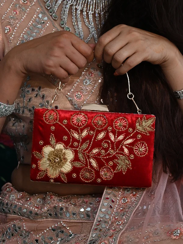 Odette Red and Gold Floral Embroidered Clutch for Women