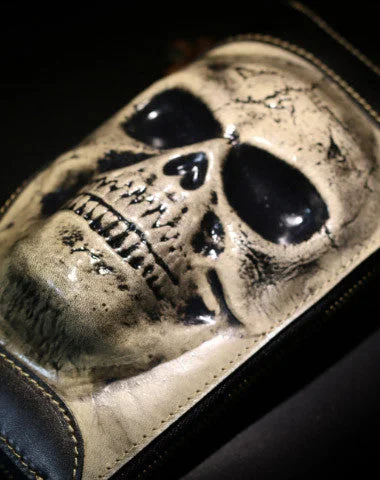 Handmade long skull clutch wallet leather men black white tooled wallet for men