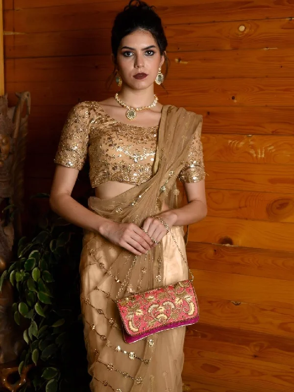 Odette Women Magenta And Gold Embroidered Bridal Clutch