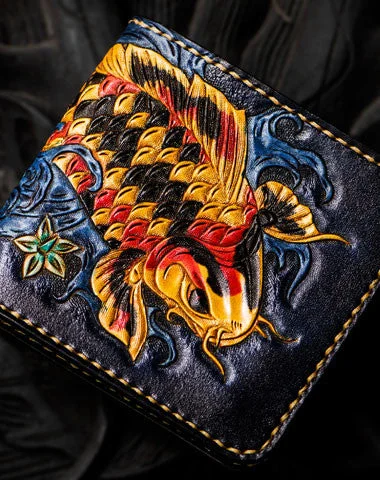 Handmade leather tooled fish carp wallet clutch black billfold wallet brown leather men Handmade leather tooled fish carp wallet clutch black billfold wallet brown leather men