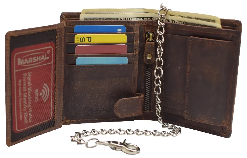 Men's Chain Biker Vintage Leather RFID Blocking European Style Bifold Trifold Wallet with ID Window Men's Chain Biker Vintage Leather RFID Blocking European Style Bifold Trifold Wallet with ID Window