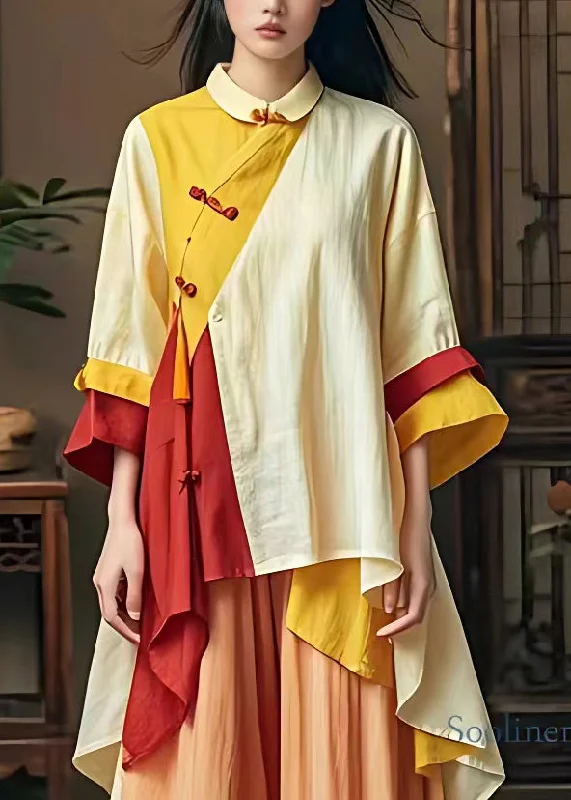 Retro Colorblock Peter Pan Collar Low High Design Long Top Long Sleeve