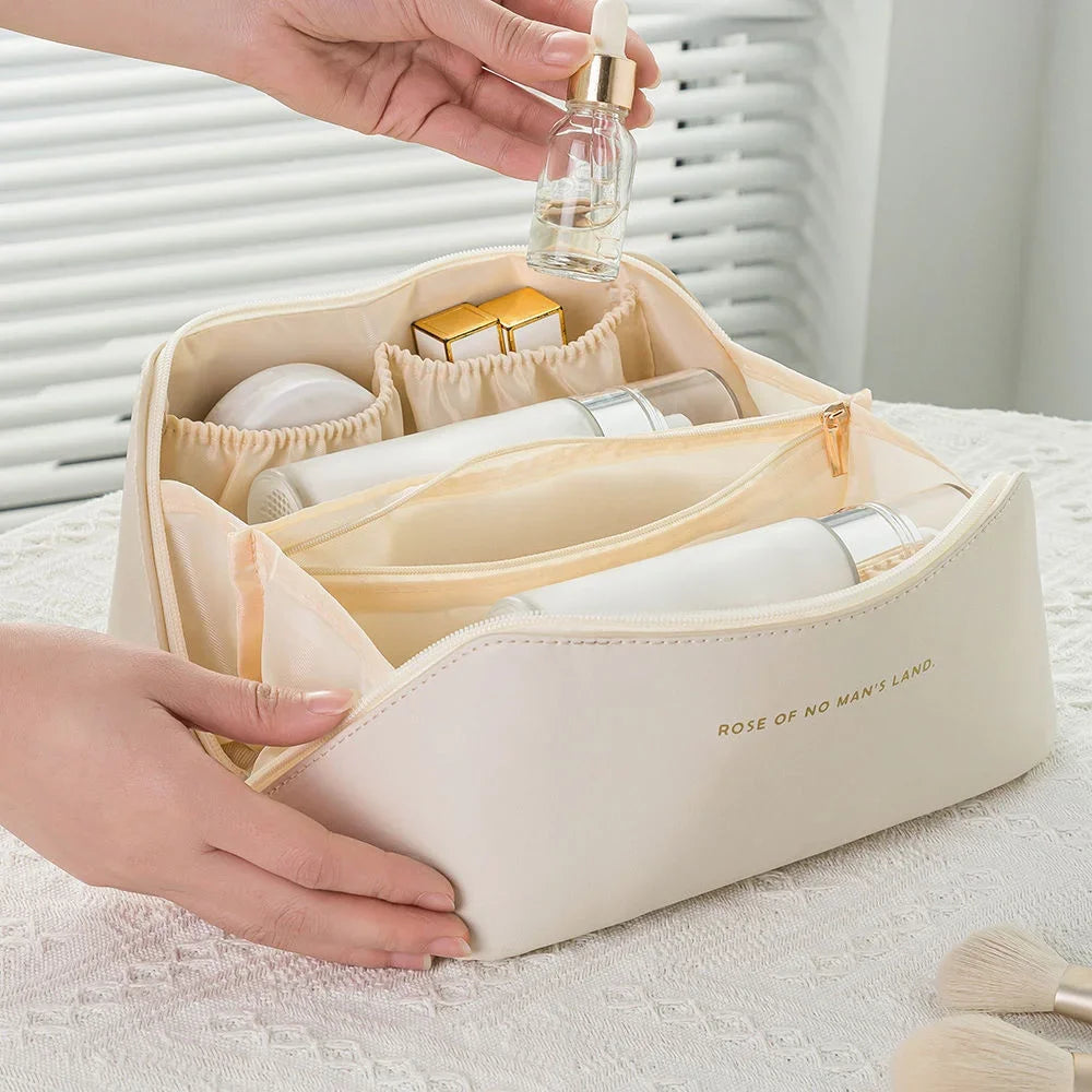 Large Travel Cosmetic Bag for Women Leather Makeup Organizer