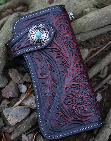 Handmade Tooled Red Leather Floral Biker Chain Wallet Mens Long Wallet with Chain for Men Handmade Tooled Red Leather Floral Biker Chain Wallet Mens Long Wallet with Chain for Men