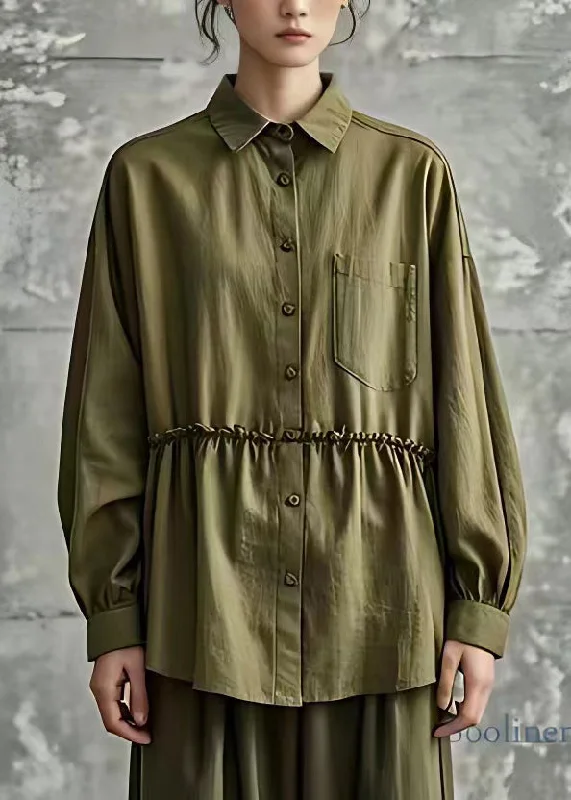 Women Army Green Ruffled Patchwork Top Fall