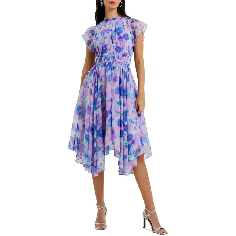 French Connection Womens Gretha Crinkle Printed Handkerchief Hem Midi Dress