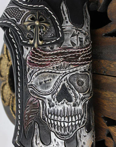 Handmade black leather punk vintage skull carved biker wallet Long wallet clutch for men Handmade black leather punk vintage skull carved biker wallet Long wallet clutch for men